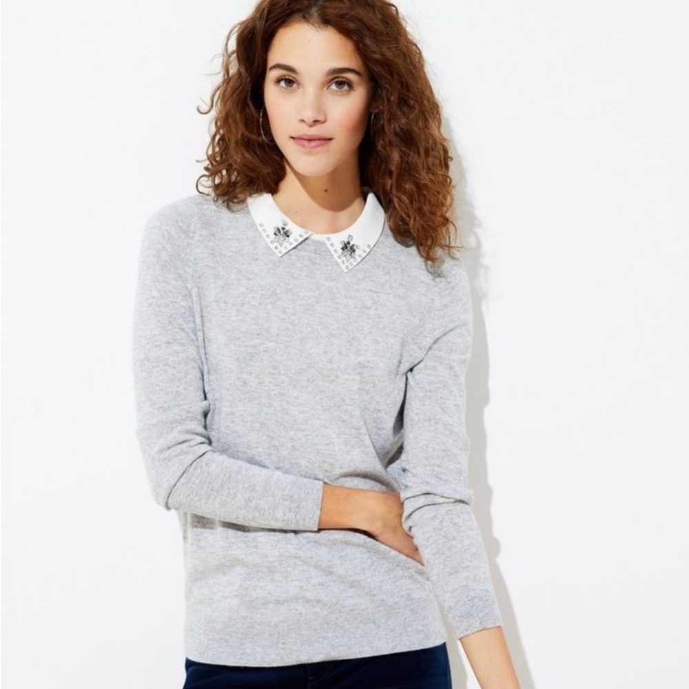 Loft Sweater Women’s X-Small Too Gray with Jeweled Collar Academia Winter